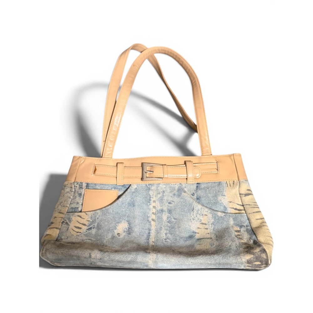 Eleganza Y2K Distressed Denim Tiger Print Shoulder Bag Tan Faux Leather Trim